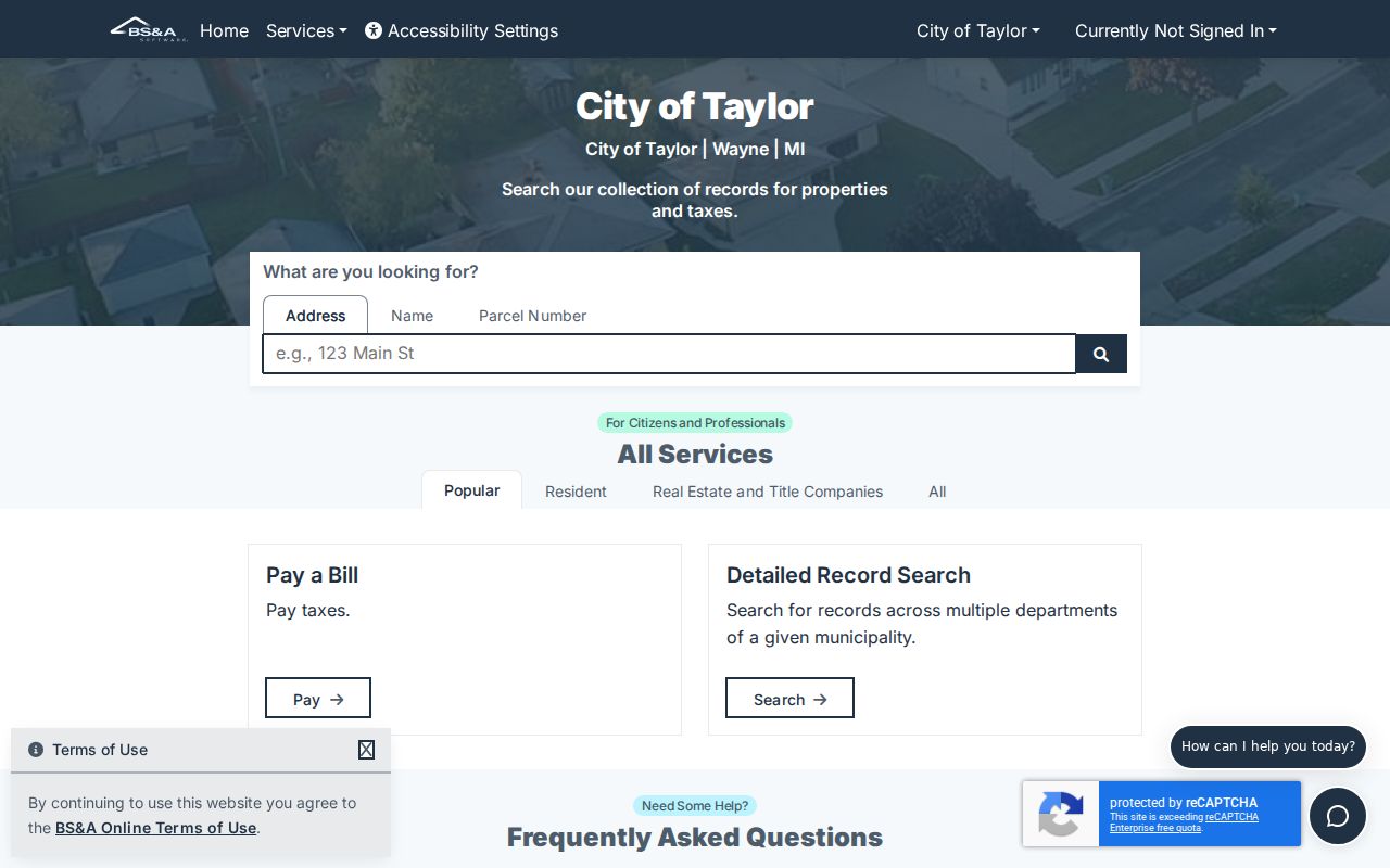 Taylor residents directory BS and A property search landing page